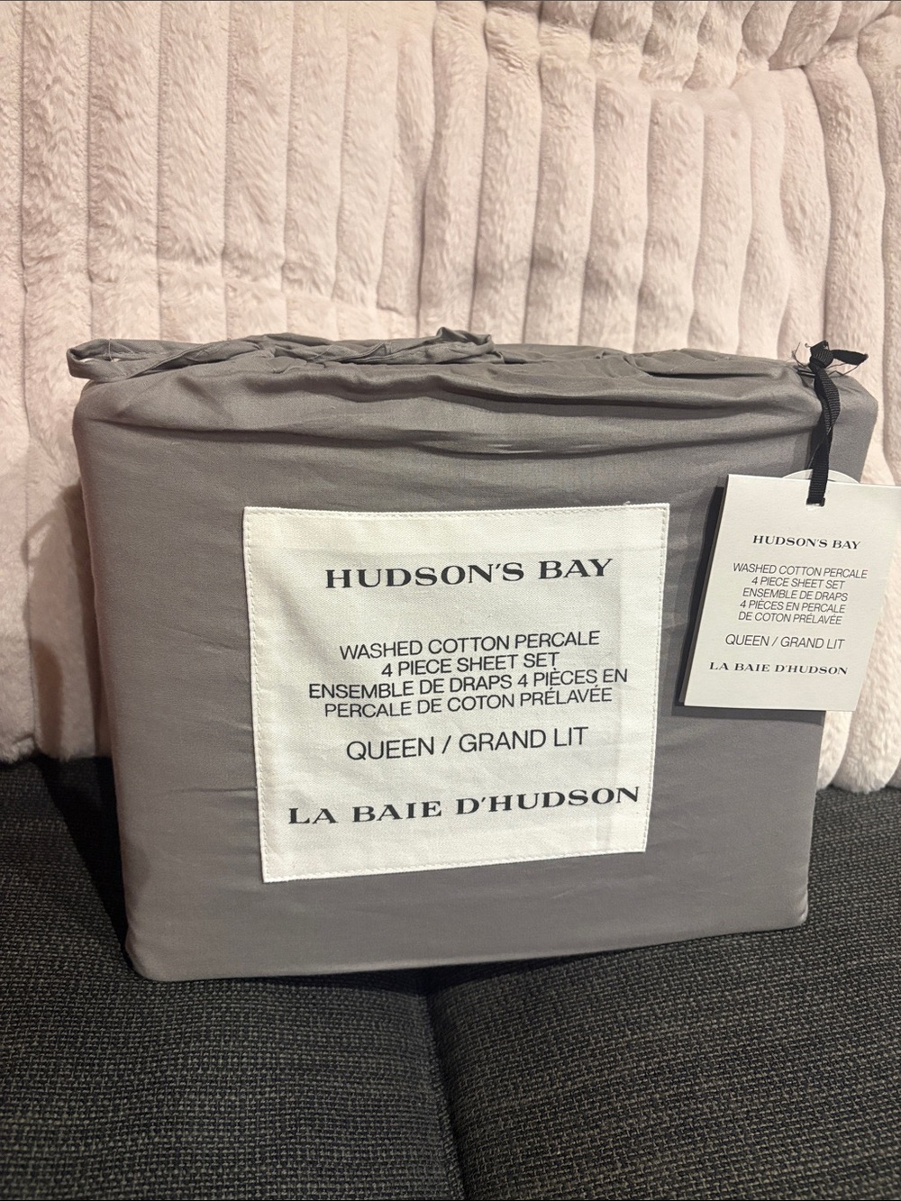 BNWT Hudson's Bay Washed Cotton Percale 4-Piece Queen Sheet Set - Gray